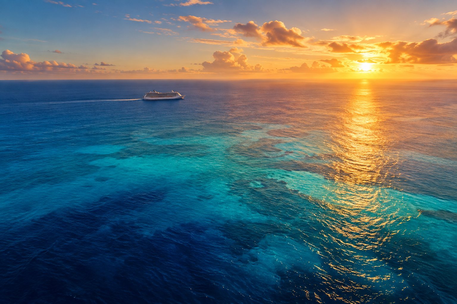 Mar do Caribe ao entardecer, com um navio de cruzeiro ao longe